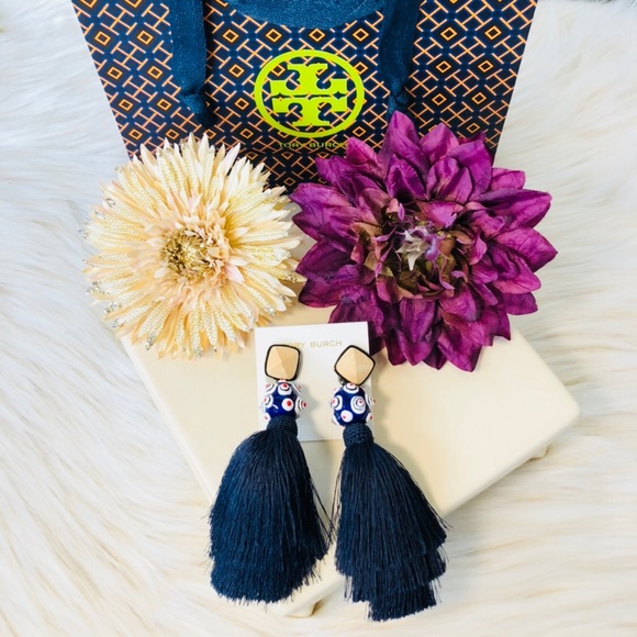 NWT  Tory Burch Navy Silk Tassel Clip-On Earrings - Picture 3 of 8